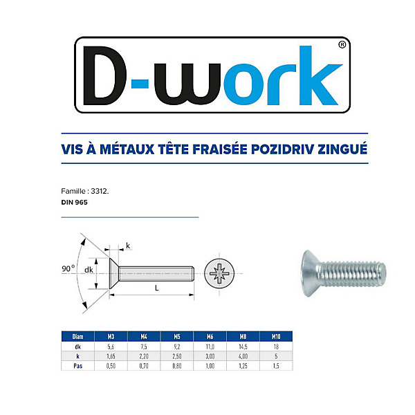 200 Vis Métaux Tête Fraisée Pozidriv 6 x 35 mm - DIN 965 - Zingué blanc - D-Work