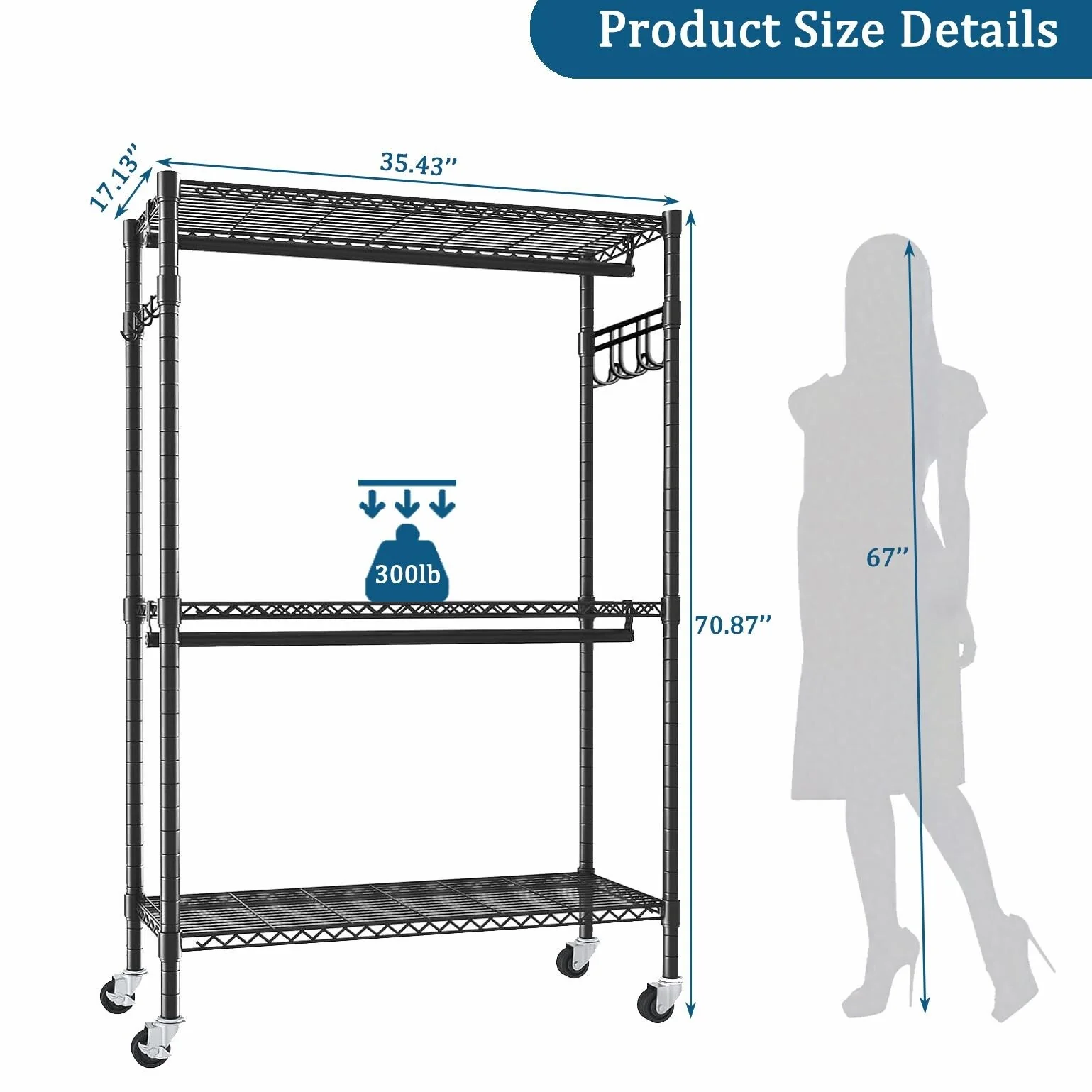 Heavy Duty Rolling Clothes Rack with 3 Shelves & 2 Rails, Black