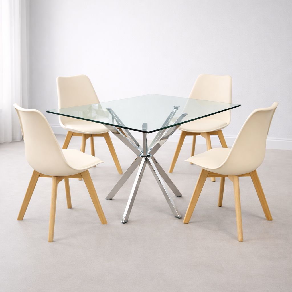 KOSY KOALA Modern Rectangle Glass Dining Table Set With 4 Cream Plastic Chairs