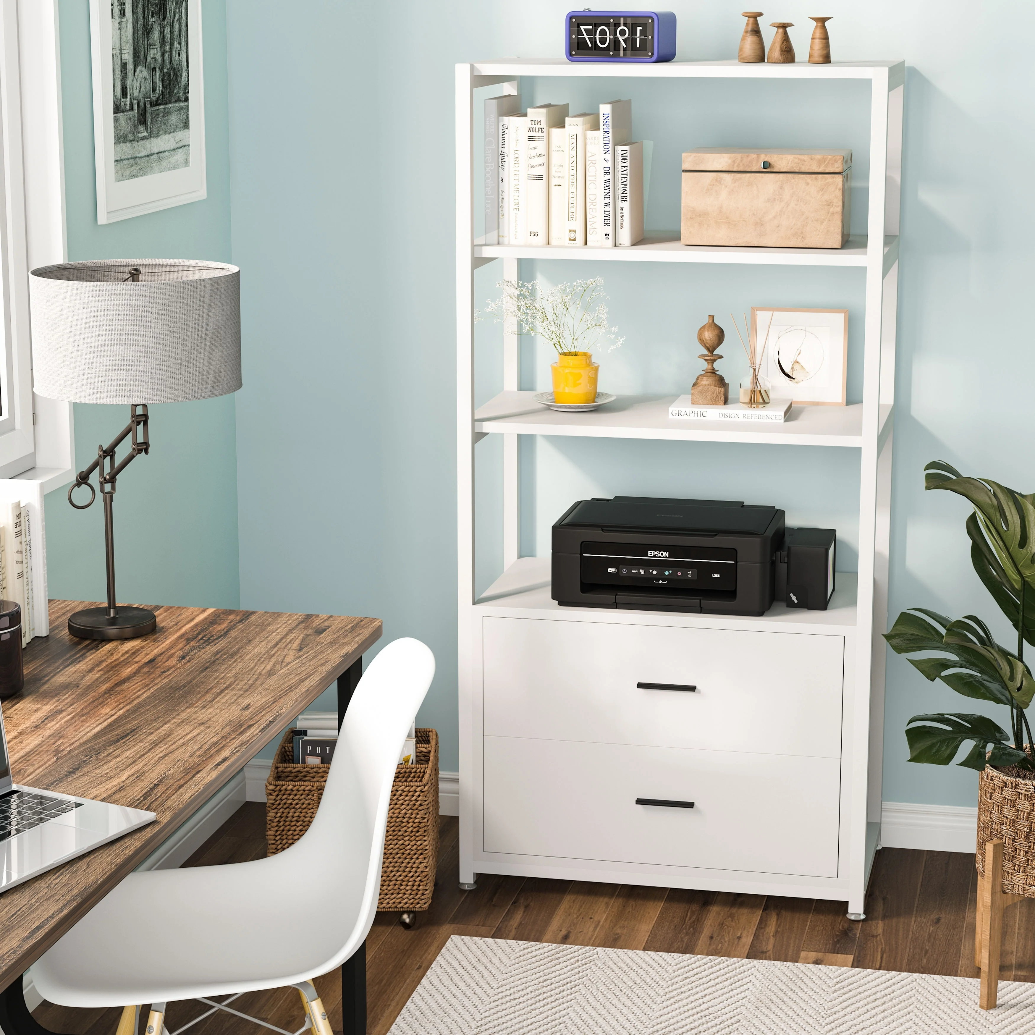 Brown Industrial Bookshelf with 2 Drawers, 5-Tier Bookcase with Open Shelf, Display Decorative Shelf for Living Room Office