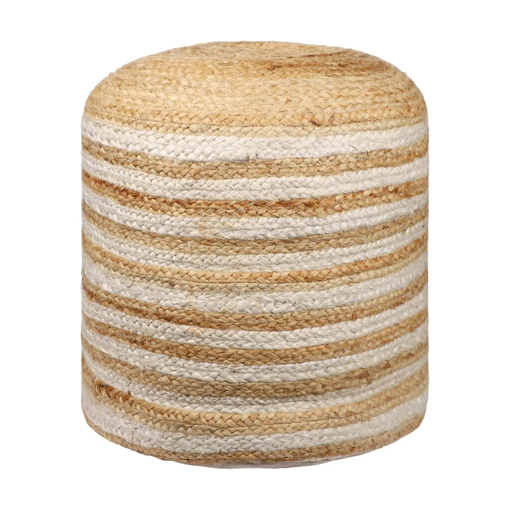 HomeRoots 18 Natural And White Jute Blend Cylinder Striped Pouf Ottoman