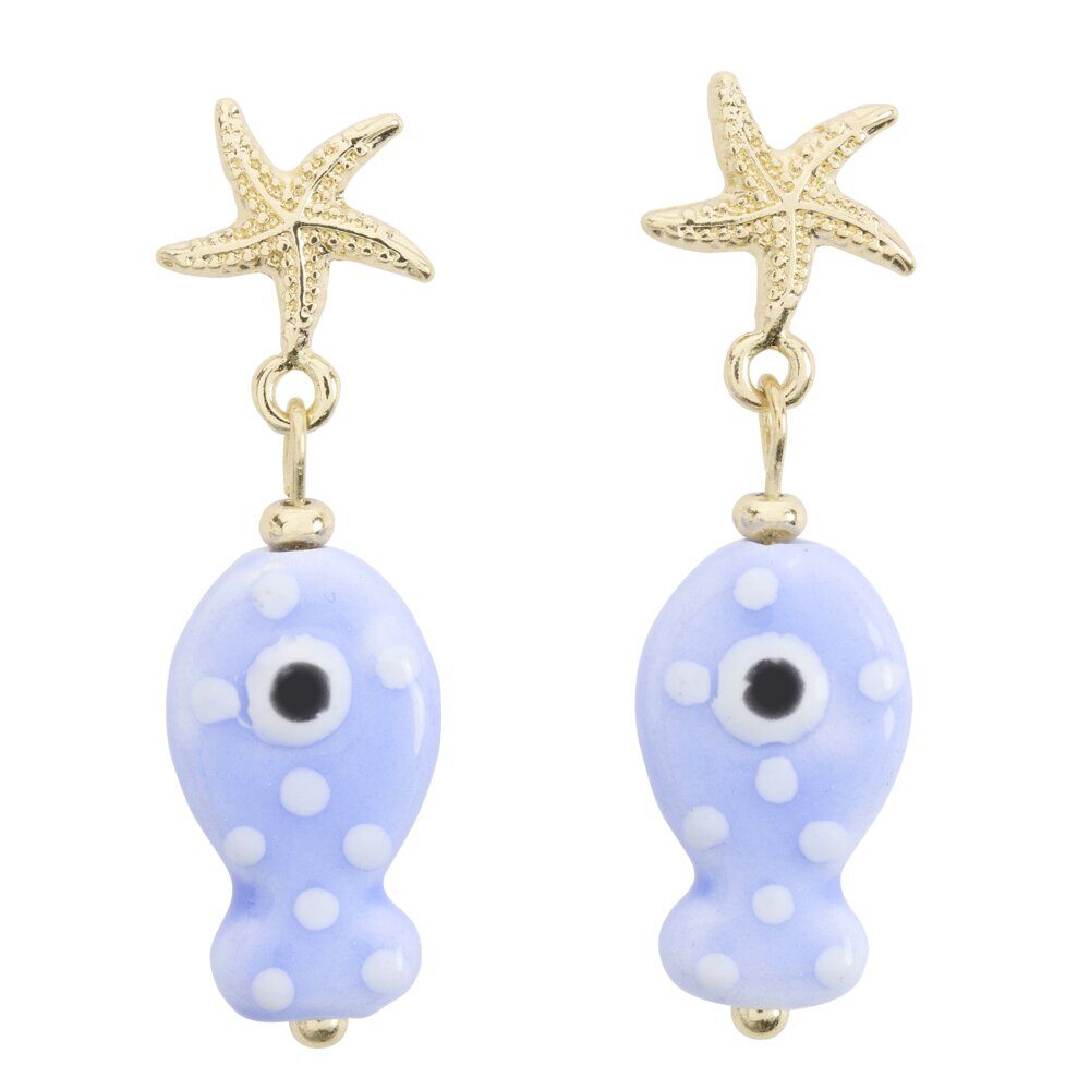 Boucles d'oreilles céramique étoile de mer et poisson zinc doré L2cm
