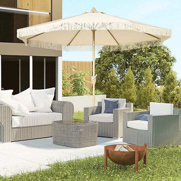 Parasol octogonal inclinable dia. 2,65 x 2,44H m mât baleine métal aspect bois polyester haute densité 180 g/m² beige