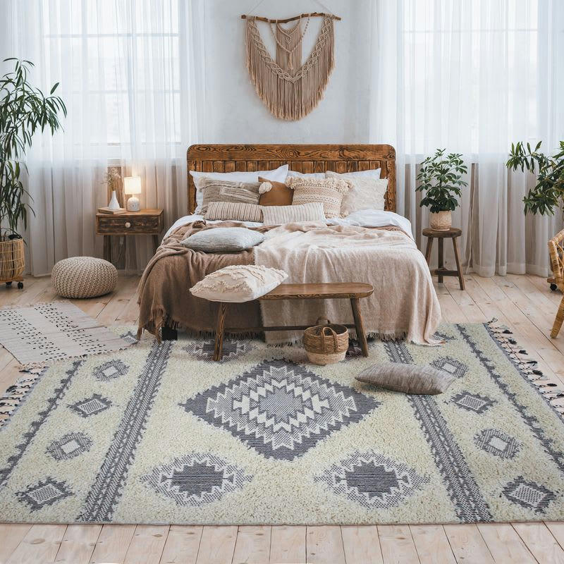 BERBÈRE - Tapis à reliefs losanges crème 197x290