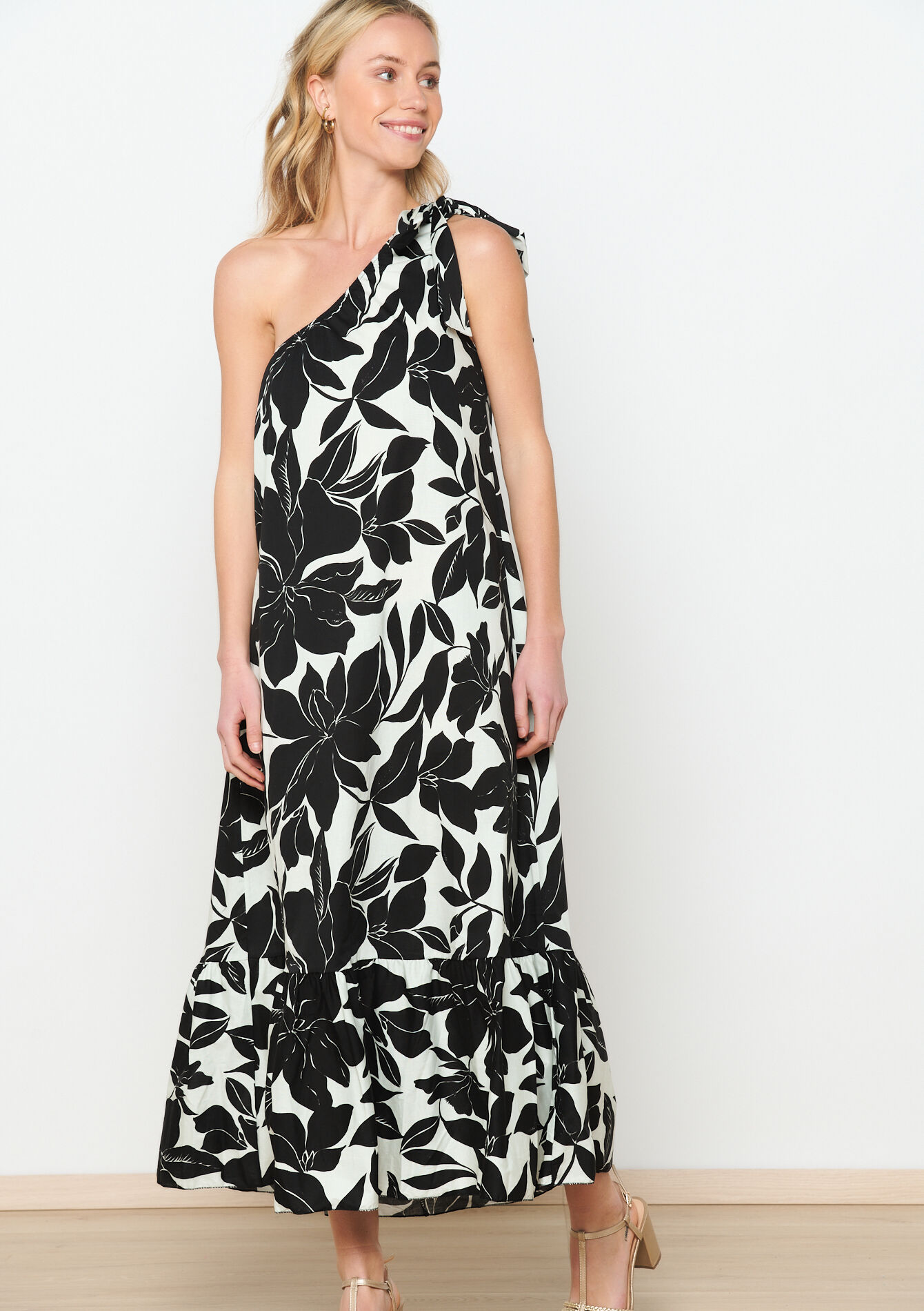 One-shoulderjurk met bloemenprint