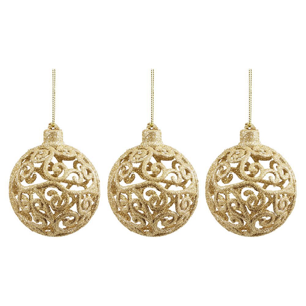 Boule de No&euml;l ajourée motif arabesque pailleté doré Ø8 cm x3