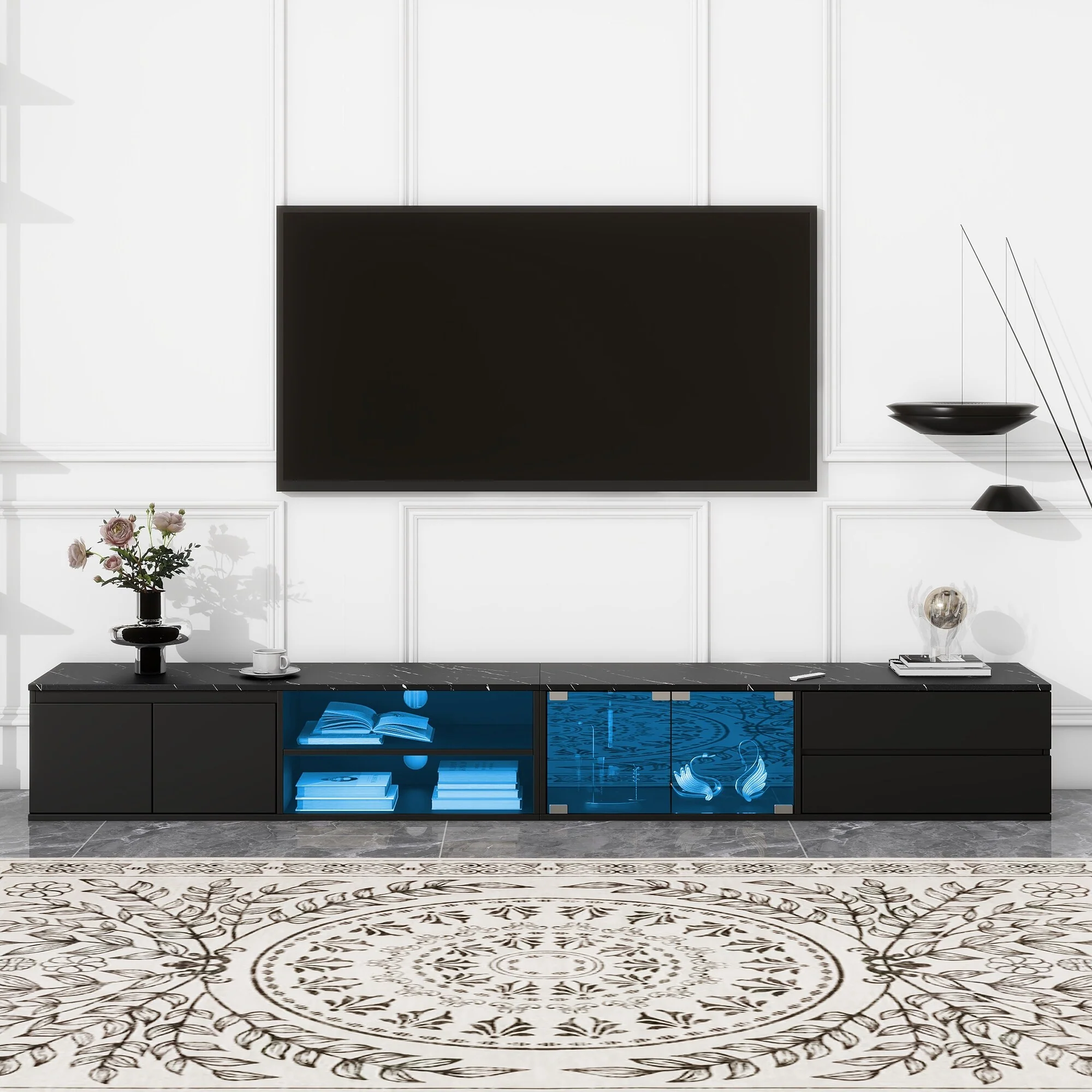LED TV Stand for TVs Up to 105'', Faux Marble Tabletop TV Console with Glass Doors, Media Center with 2 Drawers & Cabinets