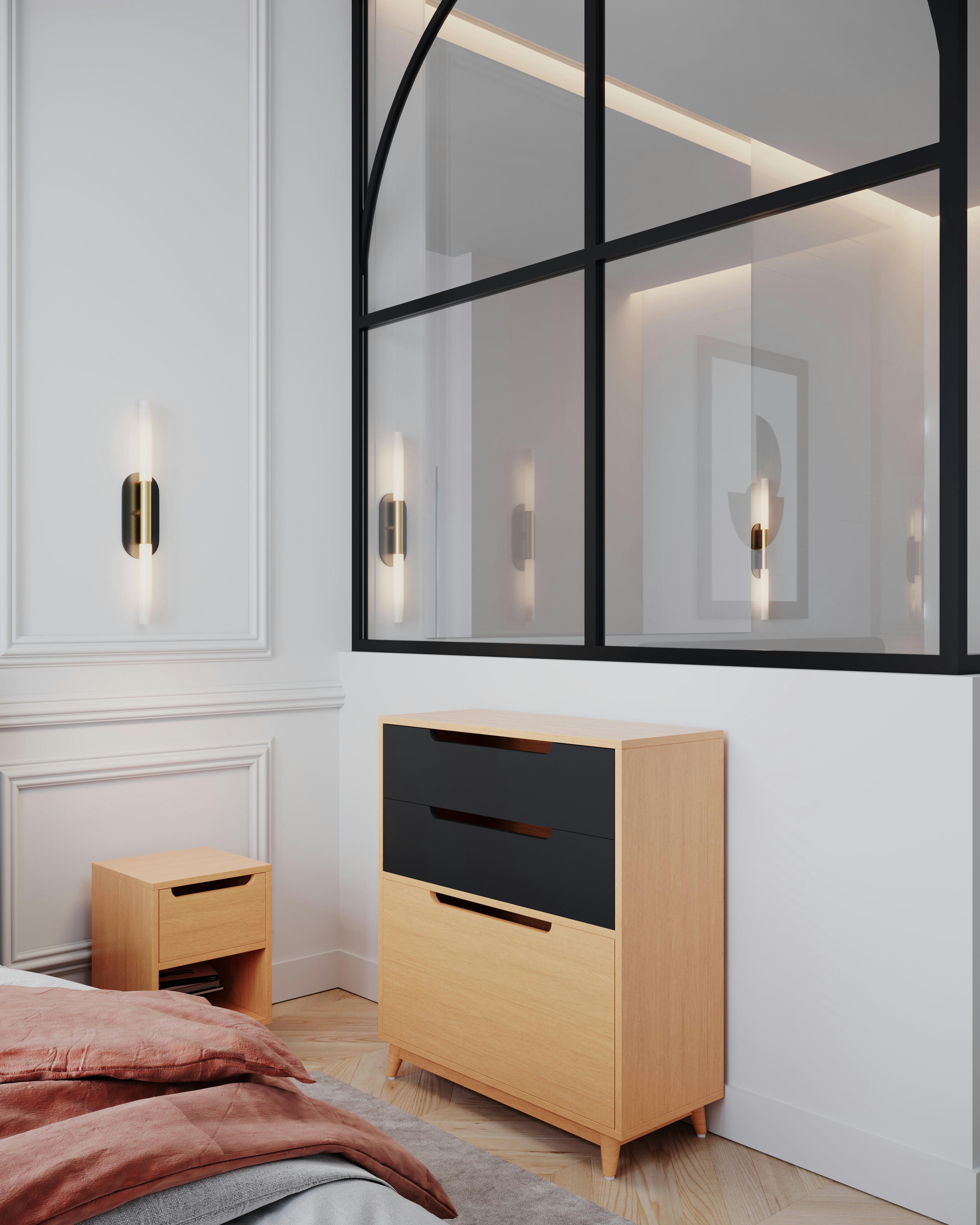 MOKA - Commode peu profonde, 3 tiroirs, couleur chene et gris - 96*86*40