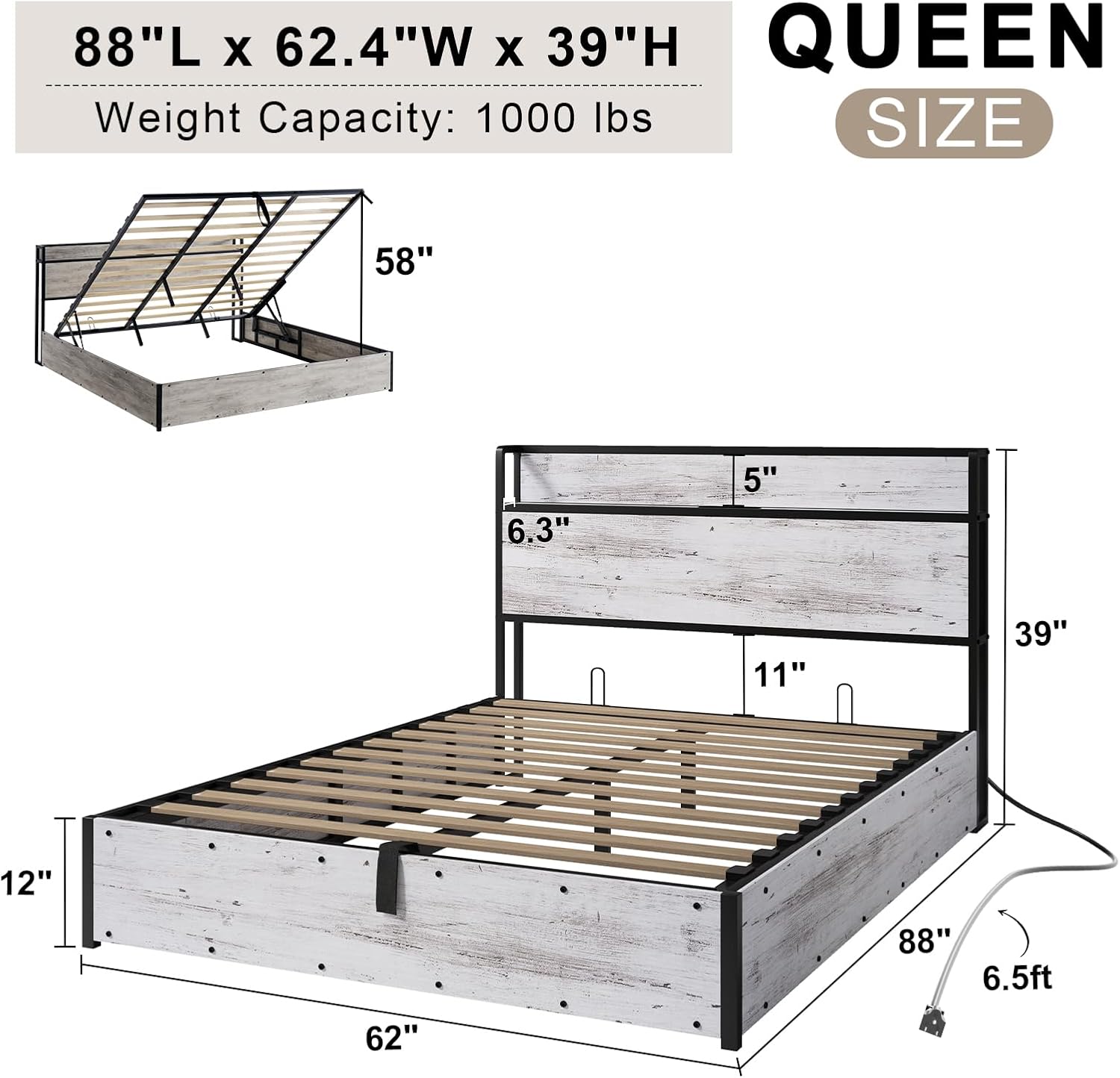 AMERLIFE Queen Size Lift Up Storage Bed Frame, Wooden Platform Bed Frame with Lifting Storage & Charging Station, No Spring Box Needed/Noise Free, White Birch