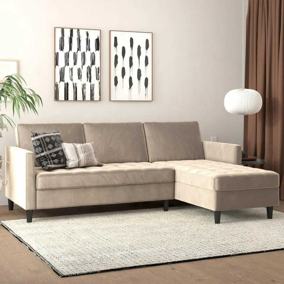 Presley - 3-zits hoekslaapbank met opbergruimte in grijs fluweel