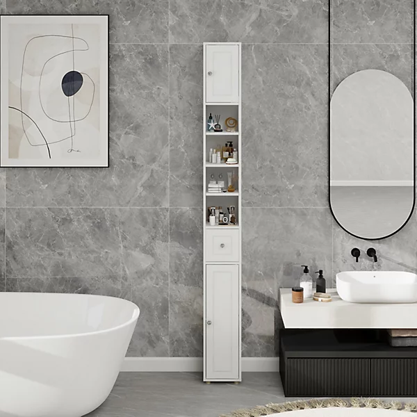 Meuble haut et étroit salle de bain blanc, autoportant avec 1 tiroir, 2 portes et 4 étagères réglables, 180 cm