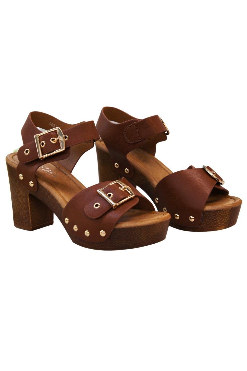 IVACHY Fashion Buckle Wood Effect Heels