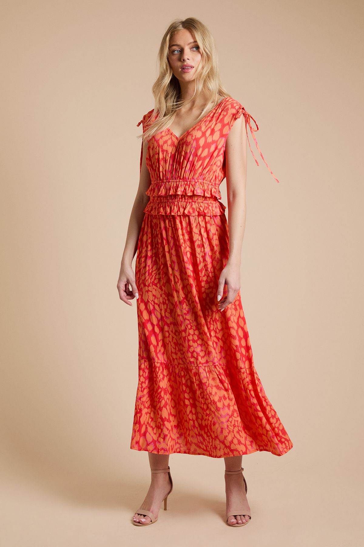 Dorothy Perkins Orange Animal Tie Detail Frill Waist Maxi Dress