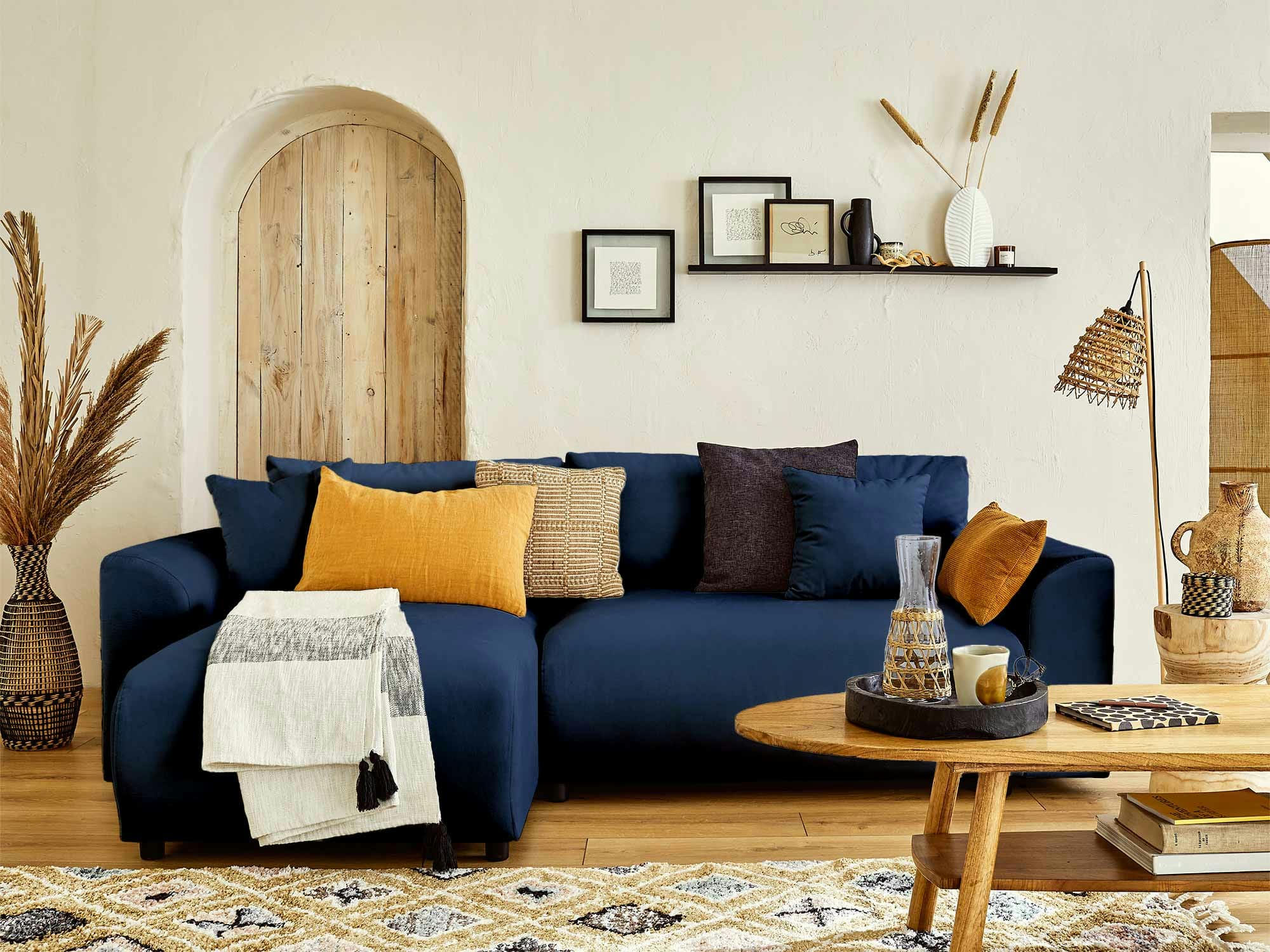 CAMELIA - Canapé d'angle réversible convertible 4 places en velours bleu nuit