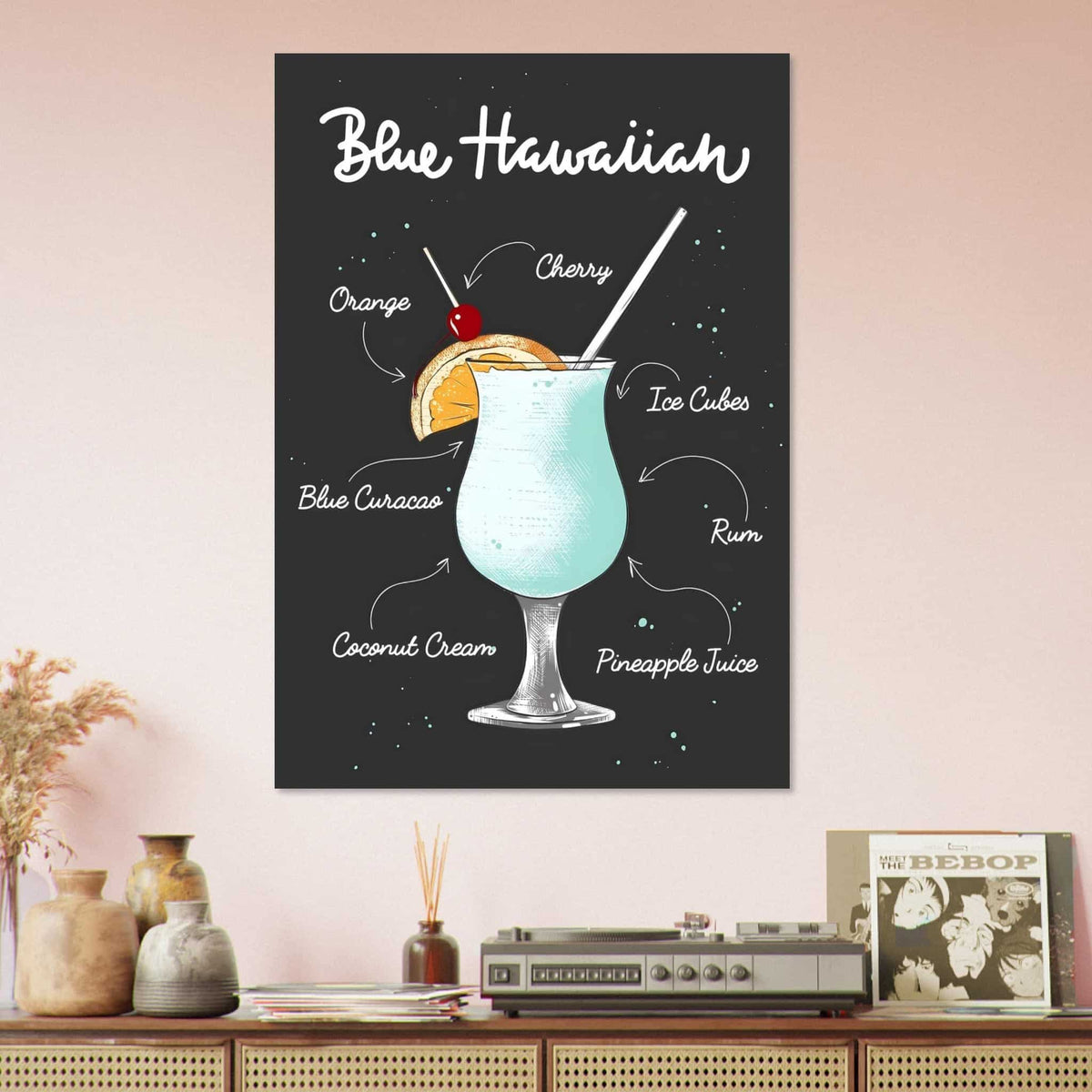 Artfulprints Blue Hawaiian cocktail – Illustratie  poster 70x100 cm