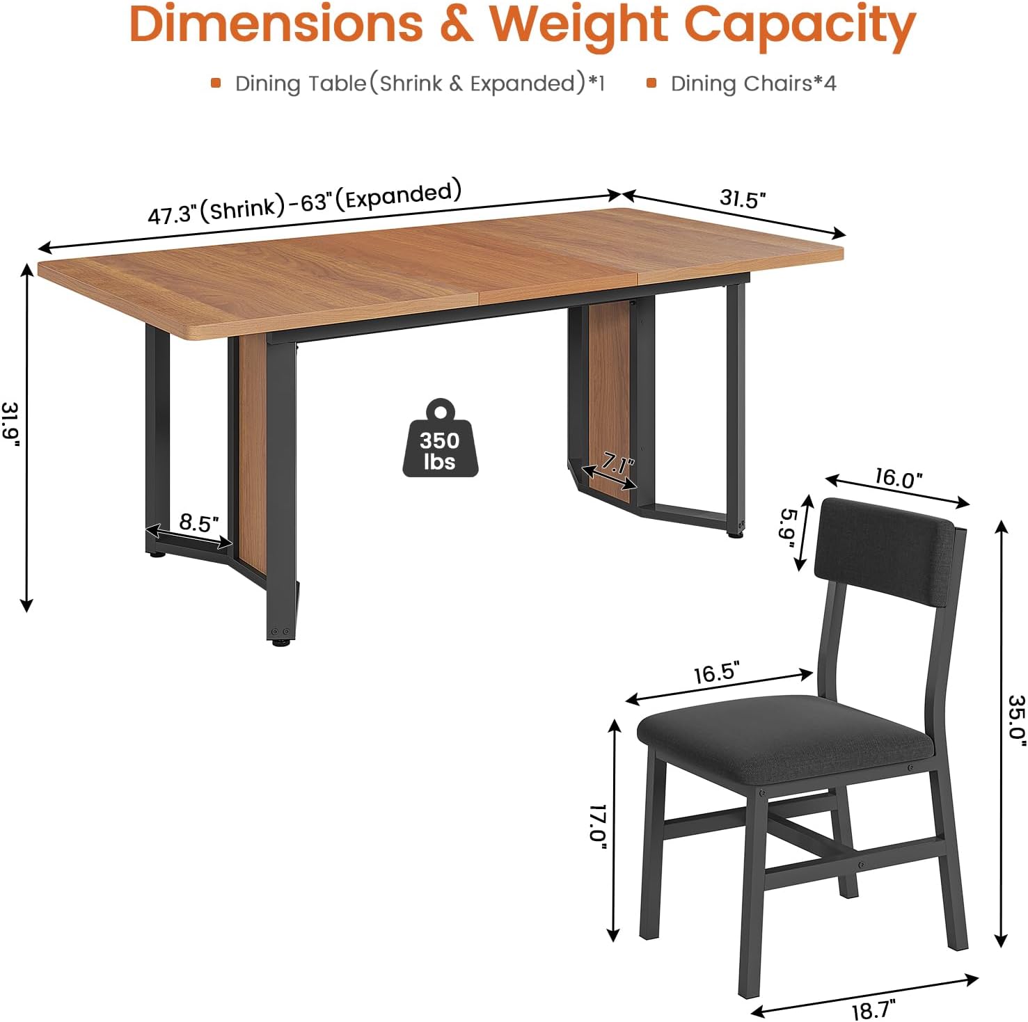 Itaar 5-Piece Dining Table Set for 4-6 People, 63 Extendable Kitchen Table and 4 Cushion Chairs, Dining Room Table with MDF Board & Metal Frame for Small Space, Easy Clean, Brown
