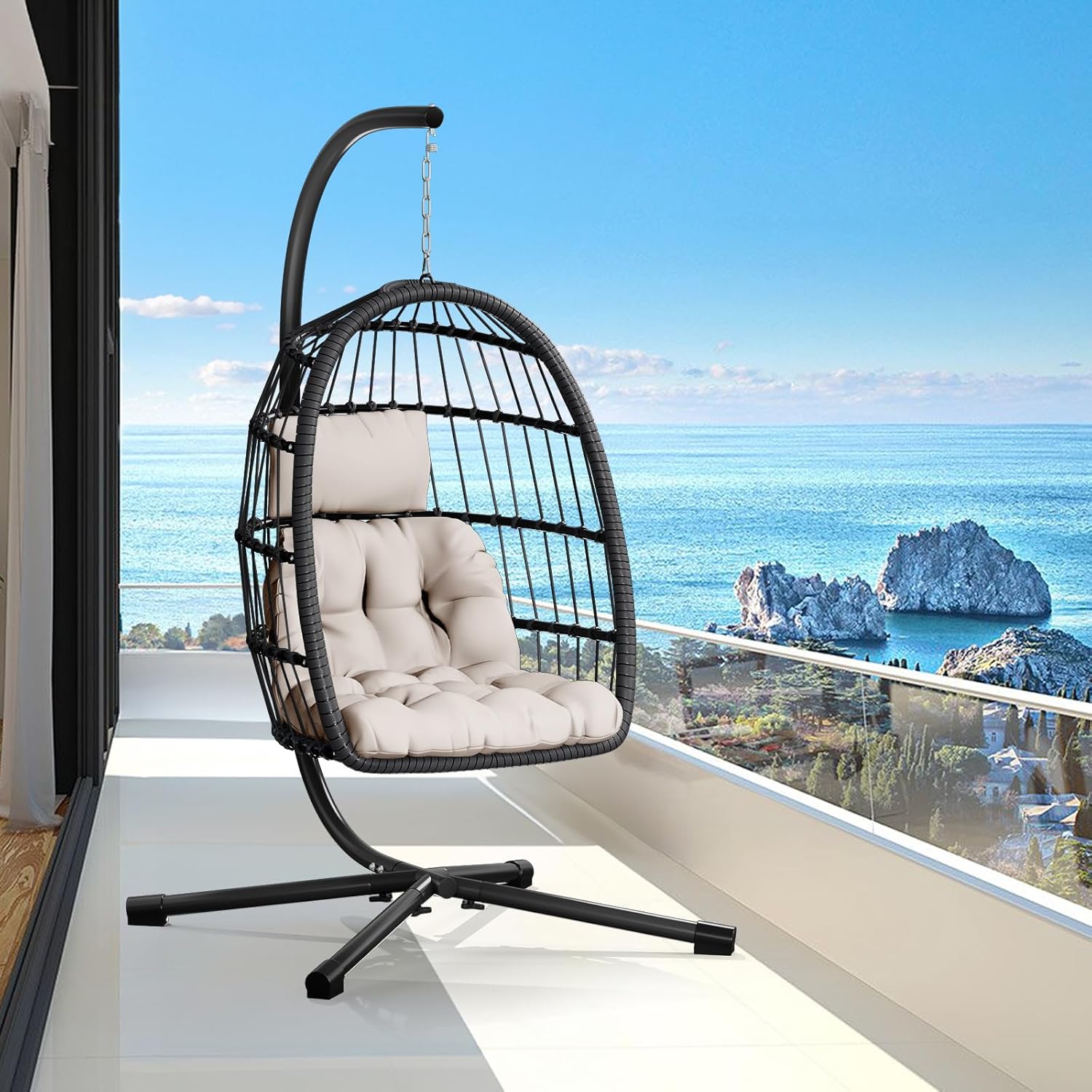 CHABATREE Egg Chair with Stand,Patio Rattan Wicker Hanging Swing Egg Chair Hammock Chair for Bedroom Porch Garden,Thickened Aluminum Alloy Steel Frame and UV Resistant Cushion,350LBS Capacity