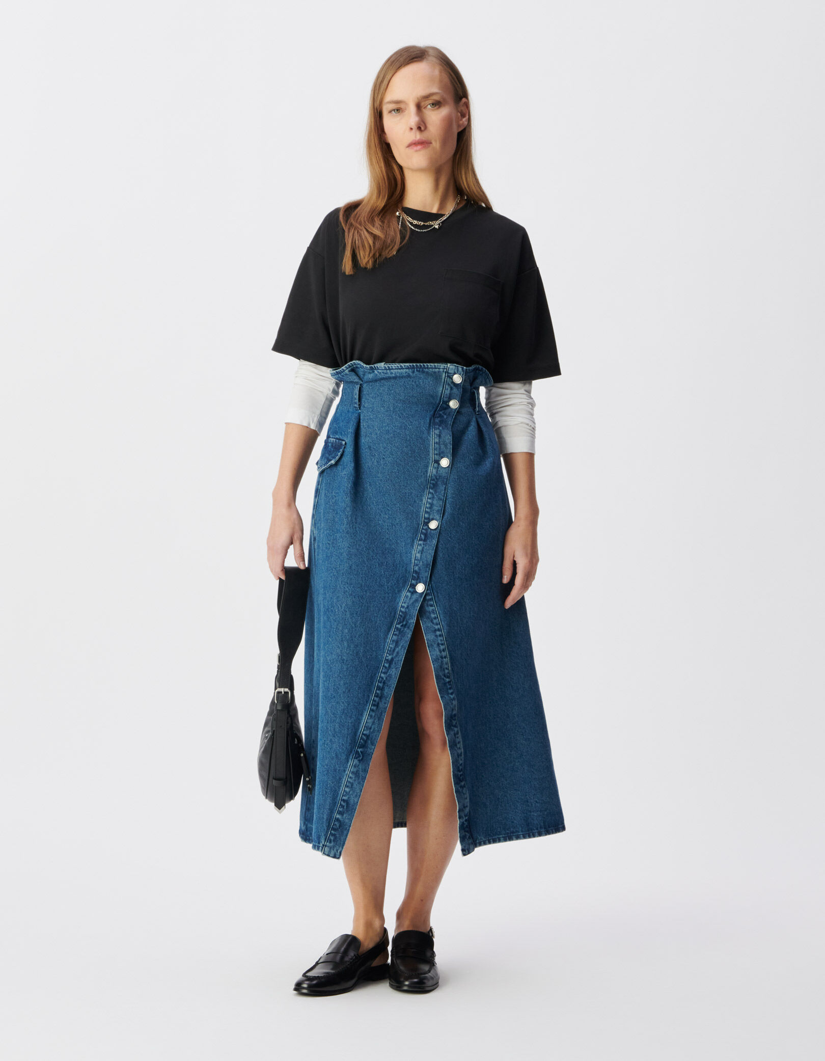 Jupe en jean bleu fendue taille haute asymétrique Femme