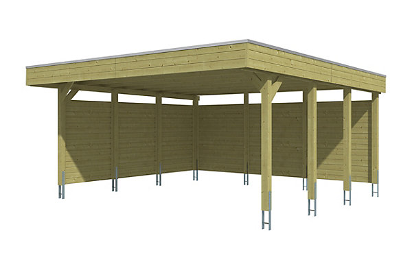 Carport SKAN HOLZ Friesland Set C, 546 x 555 cm, avec parois latérales et paroi arrière, imprégné vert