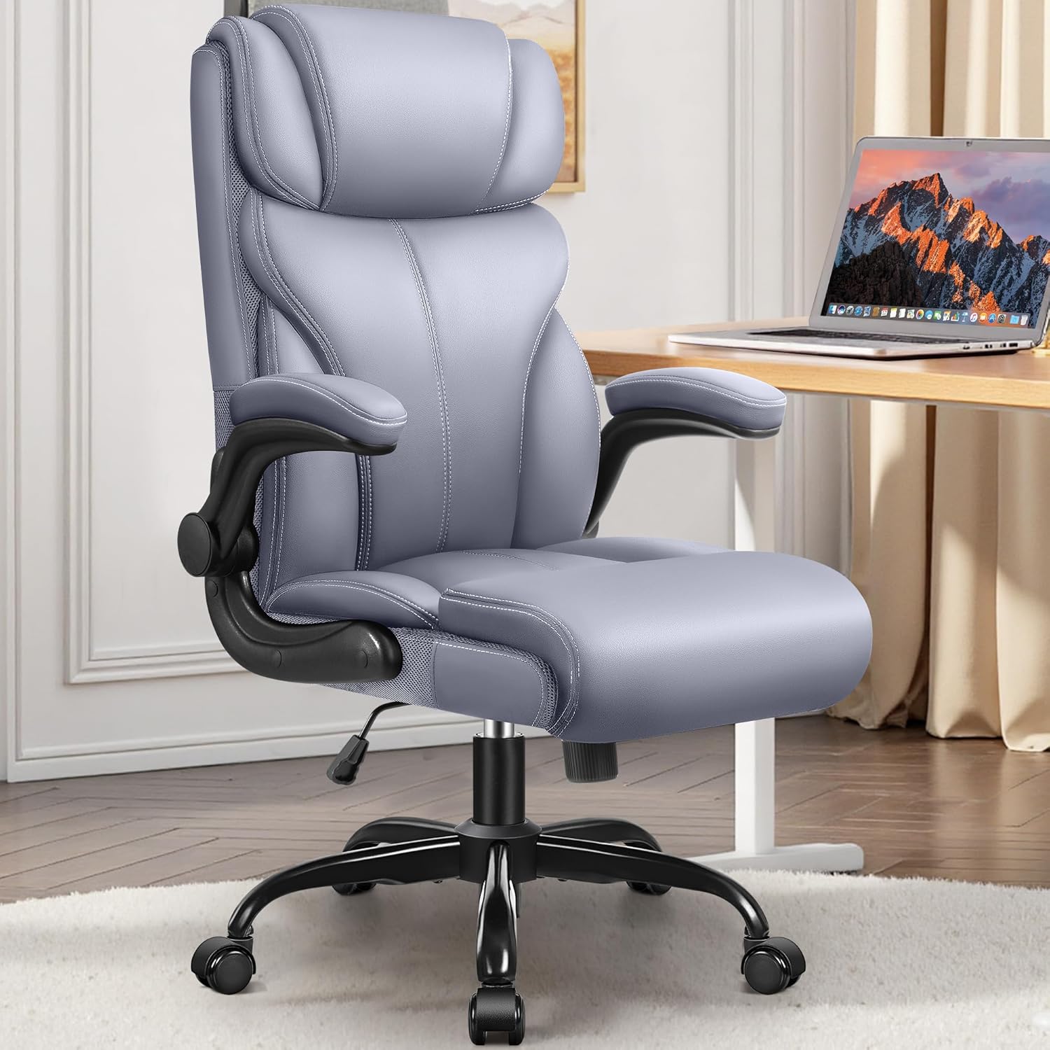 Office Chair, Leather Chair with Adjustable High Back Flip-up Armrests，Ergonomic Desk Chairs Big and Tall, Lumbar Support Swivel Computer Chair with Rocking Function