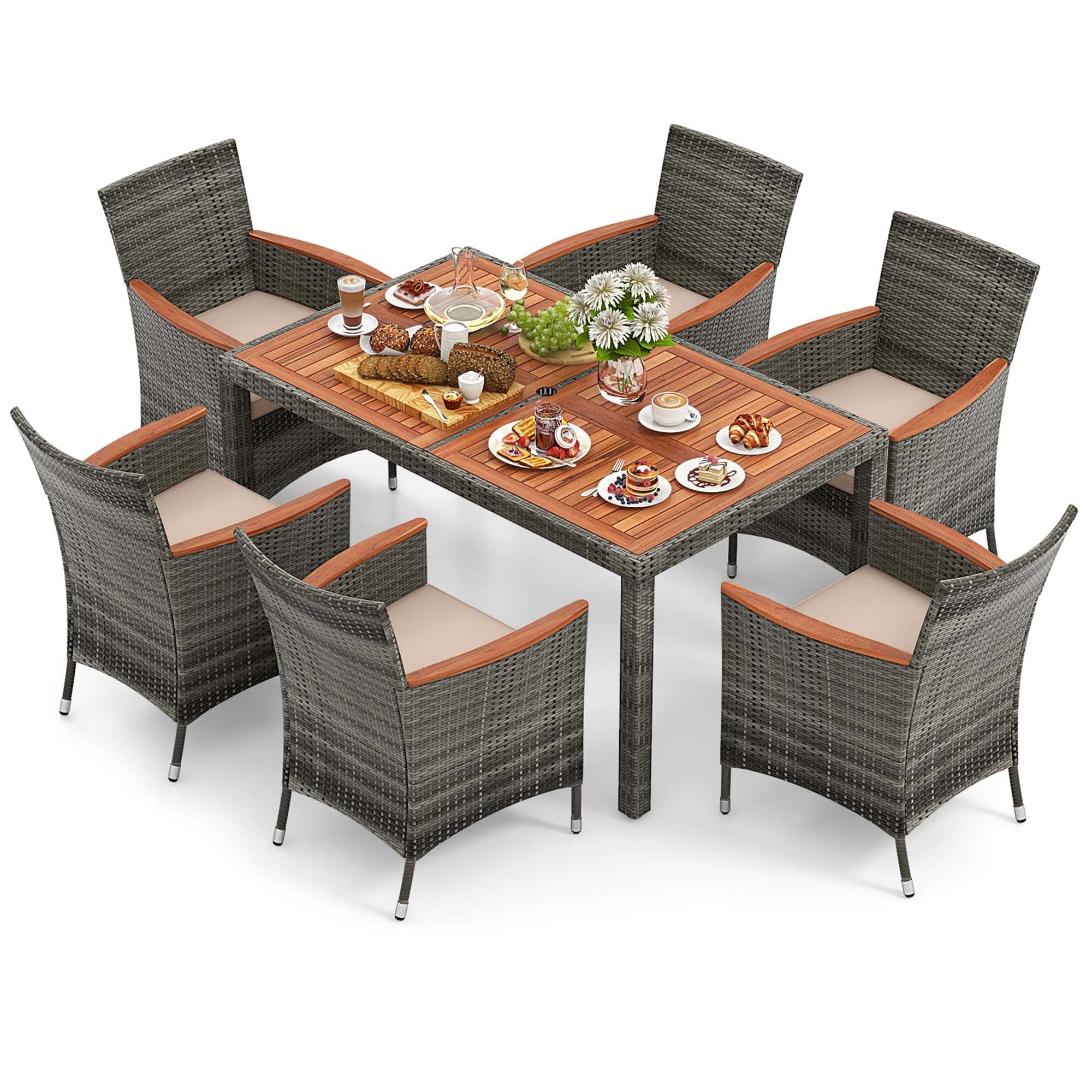 Costway 7 Pieces Outdoor Wicker Dining Set with Acacia Wood Table and - See Details