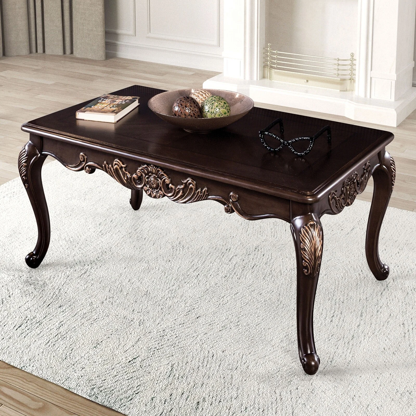Wooden Coffee Table with Gold Highlights Design in Dark Cherry