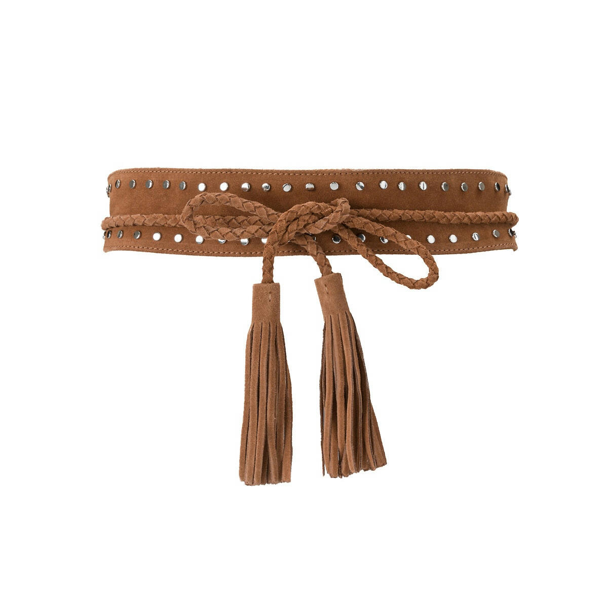 Ceinture large cloutée à pompons en cuir