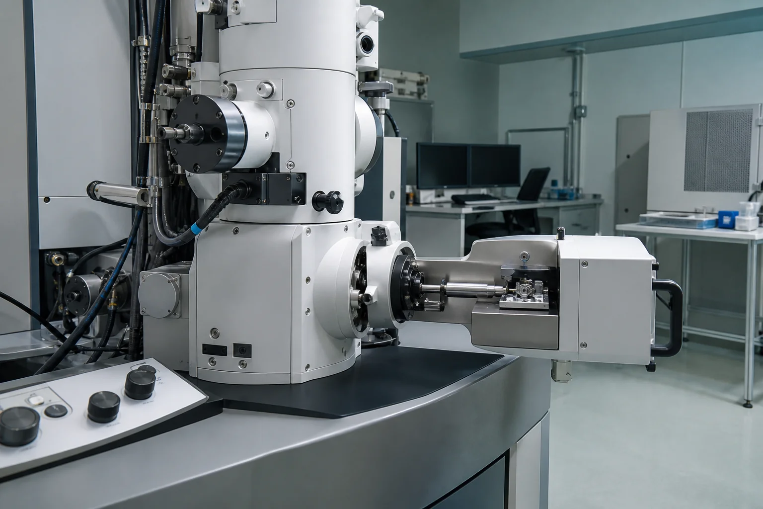 Illustrative laboratory photograph of an electron microscope column and specimen-loading assembly.