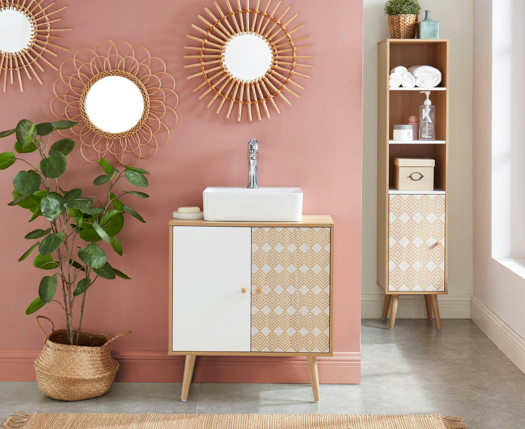 LEIKA - Meuble sous-vasque   effet chêne et motifs blancs  2 portes