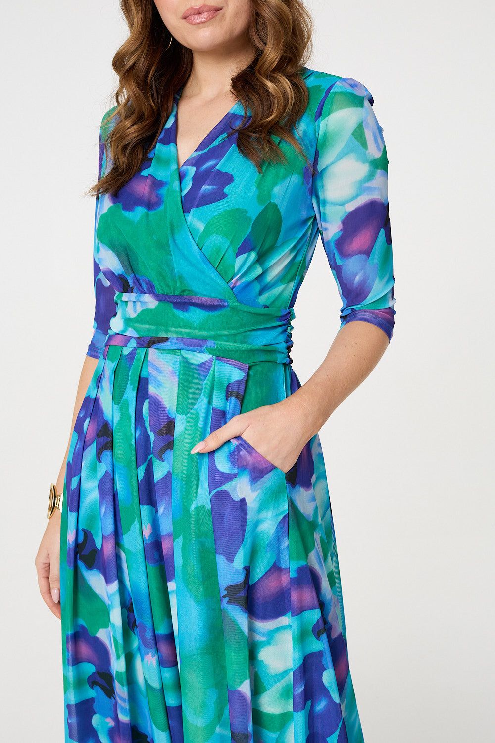 Izabel London Printed Short Sleeve Pleated Wrap Midi Dress