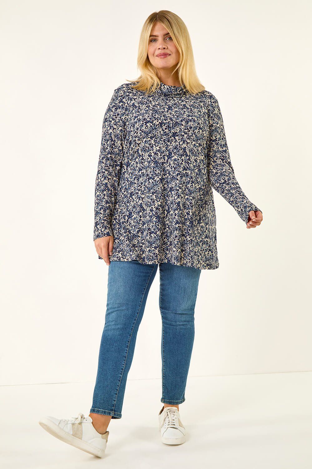 Roman Curve Spot Print Cowl Neck Top