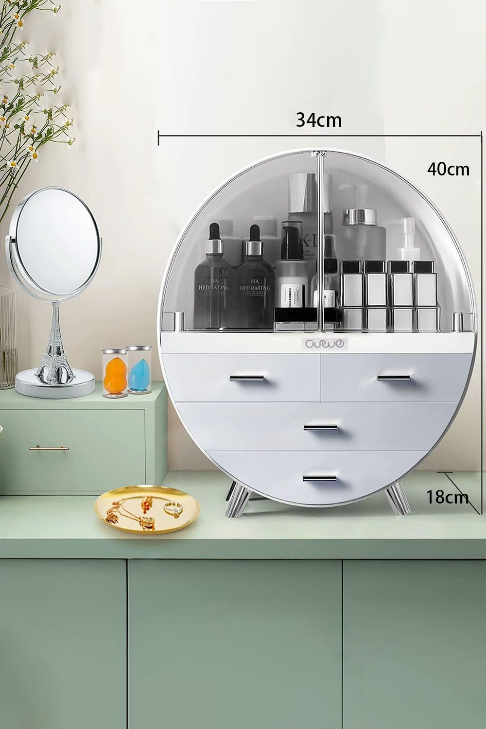 SHEONLY 40CM High Round Transparent Cosmetic Display Box With 4 Drawers Storage Box