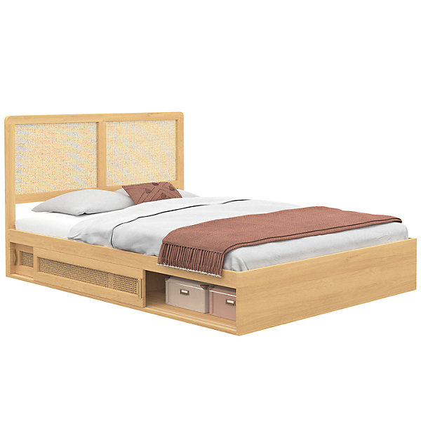 Lit double EDHEN avec rangements   tête de lit effet cannage naturel et sommier 140 x 190 cm coloris bois