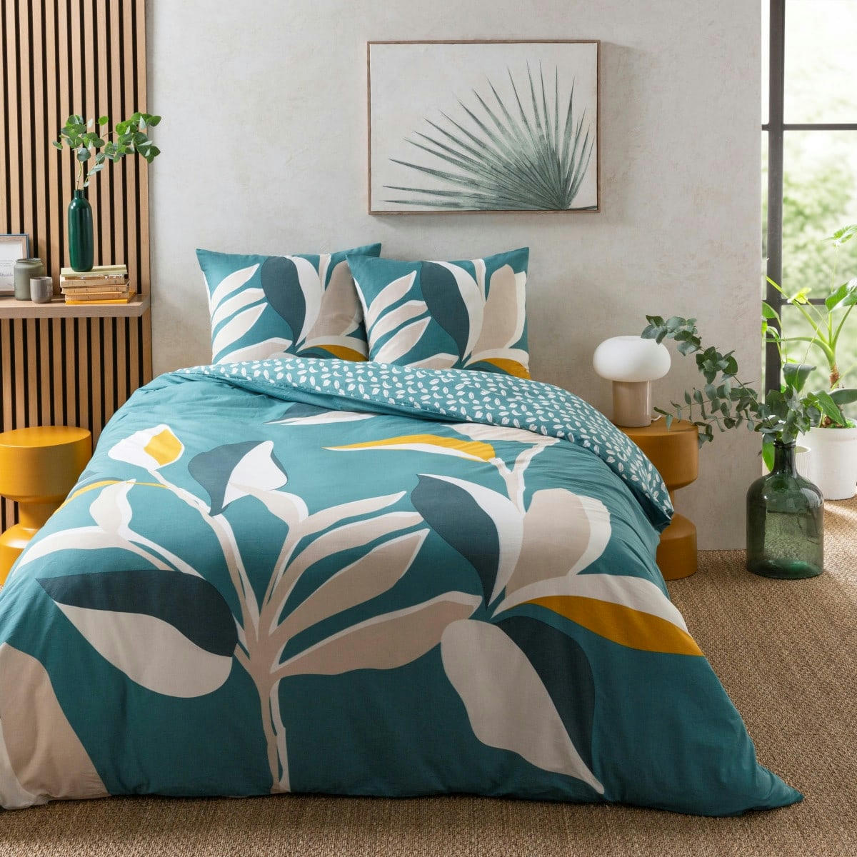 ODALIE - Parure de lit 2 personnes coton  imprimé vert 260x240cm