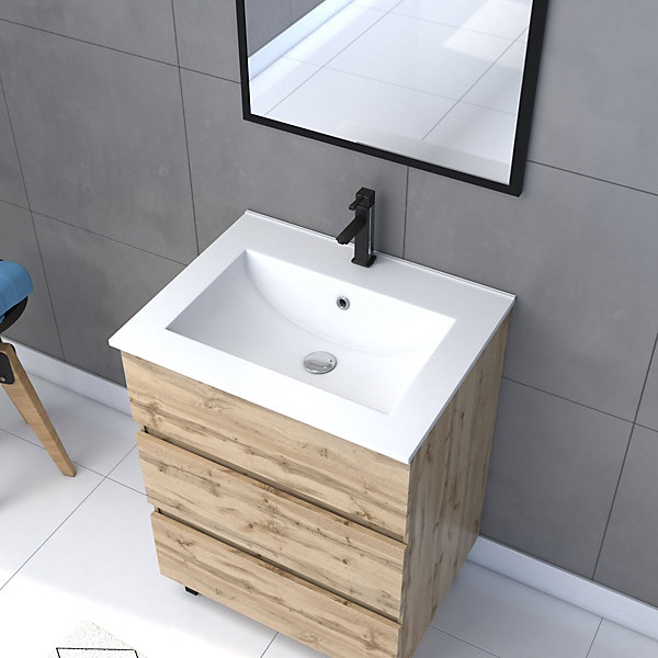 Ensemble sous vasque à poser effet chêne industriel 3 tiroirs   vasque blanche   1 miroir, l.60 cm, Galedo Timber