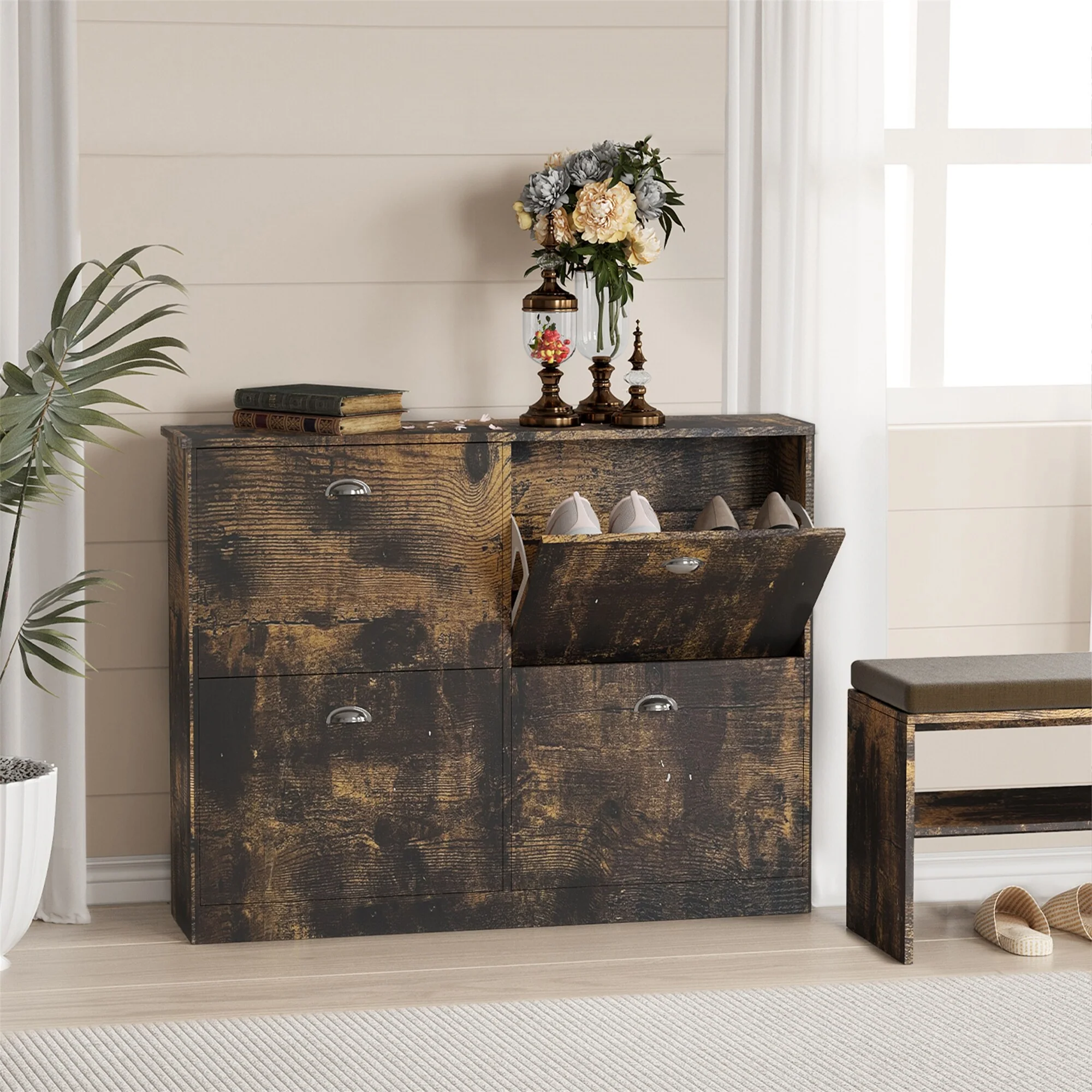 Wood Hidden Slim Narrow Shoe Cabinet with 4 Drawers for Bedroom