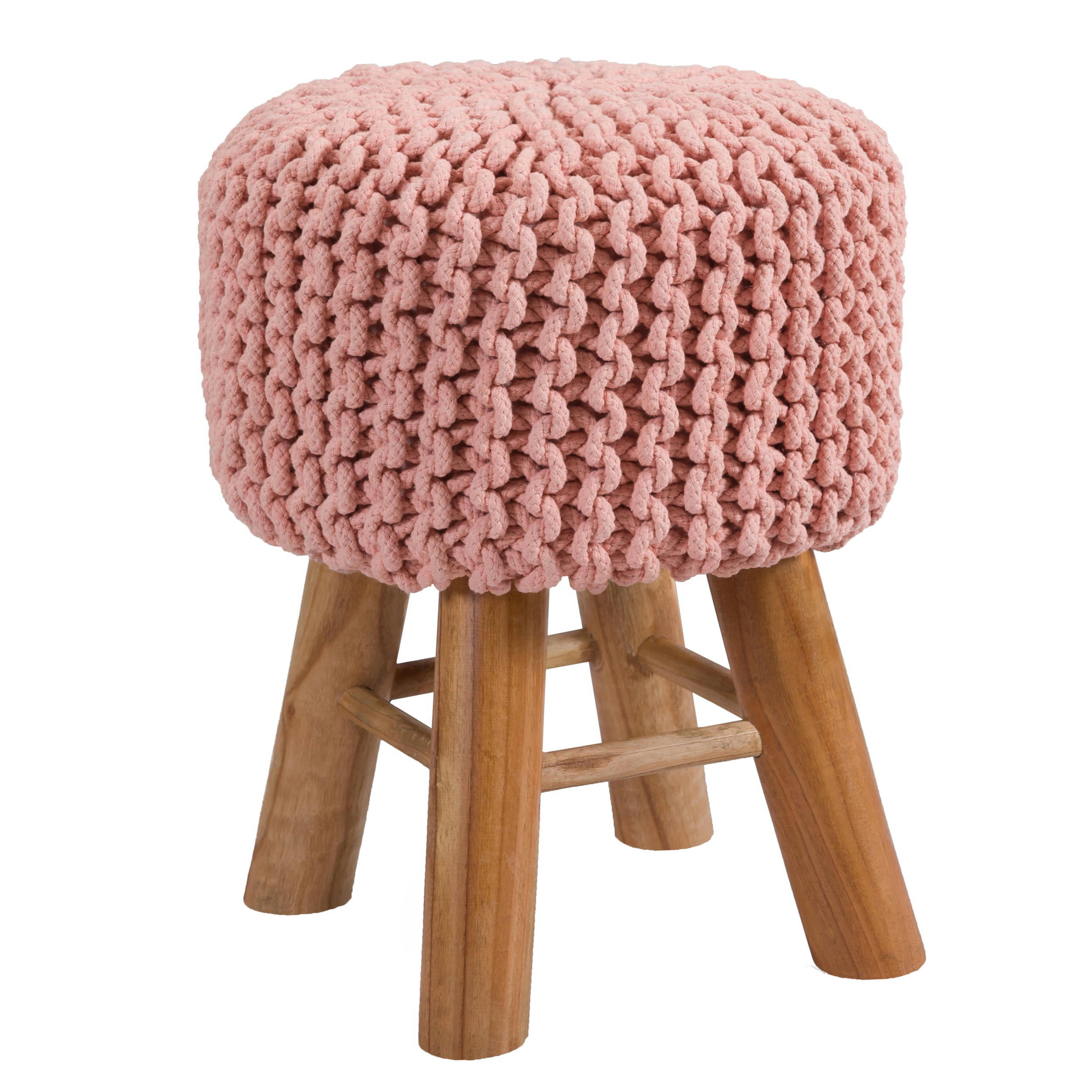 LISA - Petit Tabouret tricot en coton rose poudré