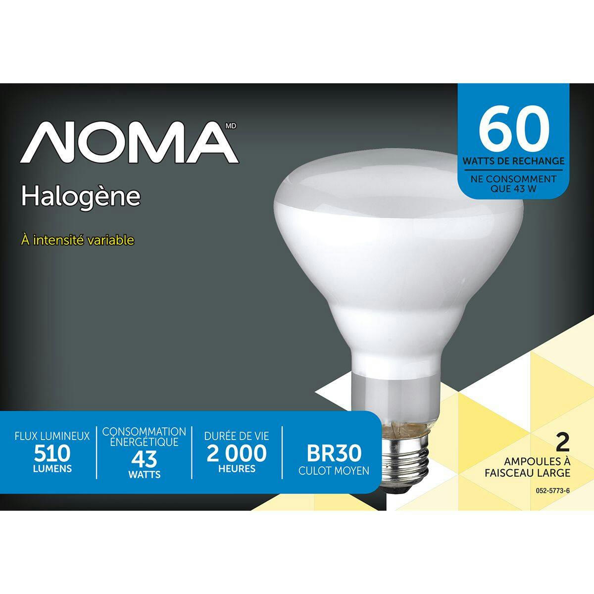 NOMA BR30 E26 Base Dimmable Halogen Flood Light Bulbs, 2700K, 610 Lumens, Soft White, 65W, 2-pk