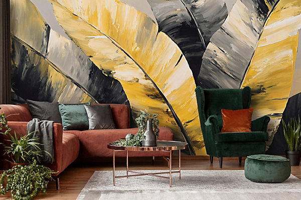 Papier Peint Panoramique Intissé Feuilles Jungle Jaune - 350x250 cm - Papier Peint Chambre et salon
