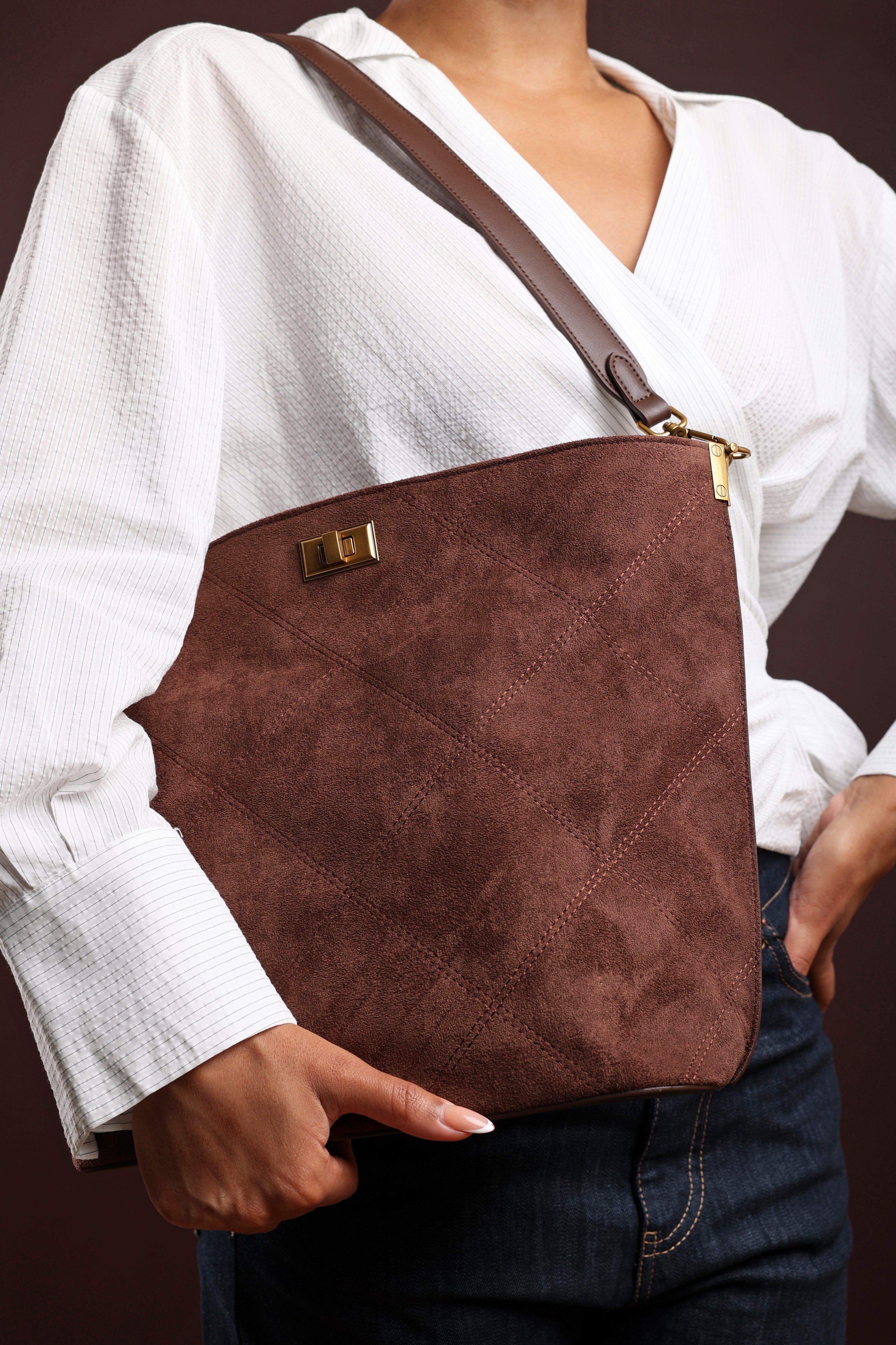 Where's That From Fern' Suede Shoulder Bag with Turn Lock