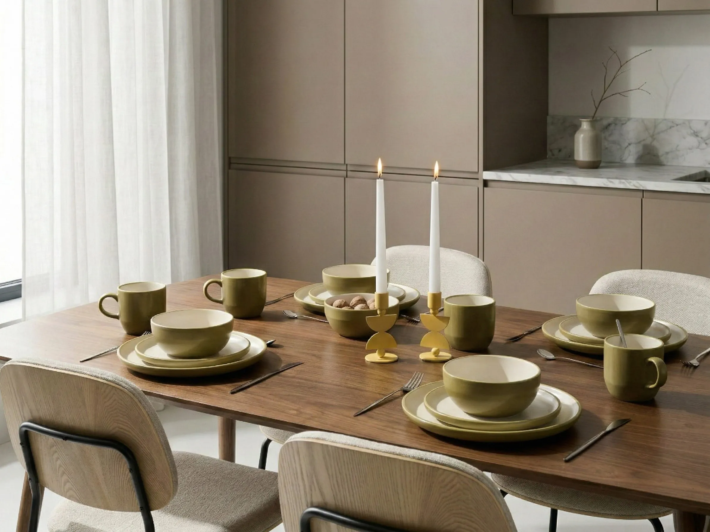 Set of 16 Dinnerware NUTMEG Stoneware Green