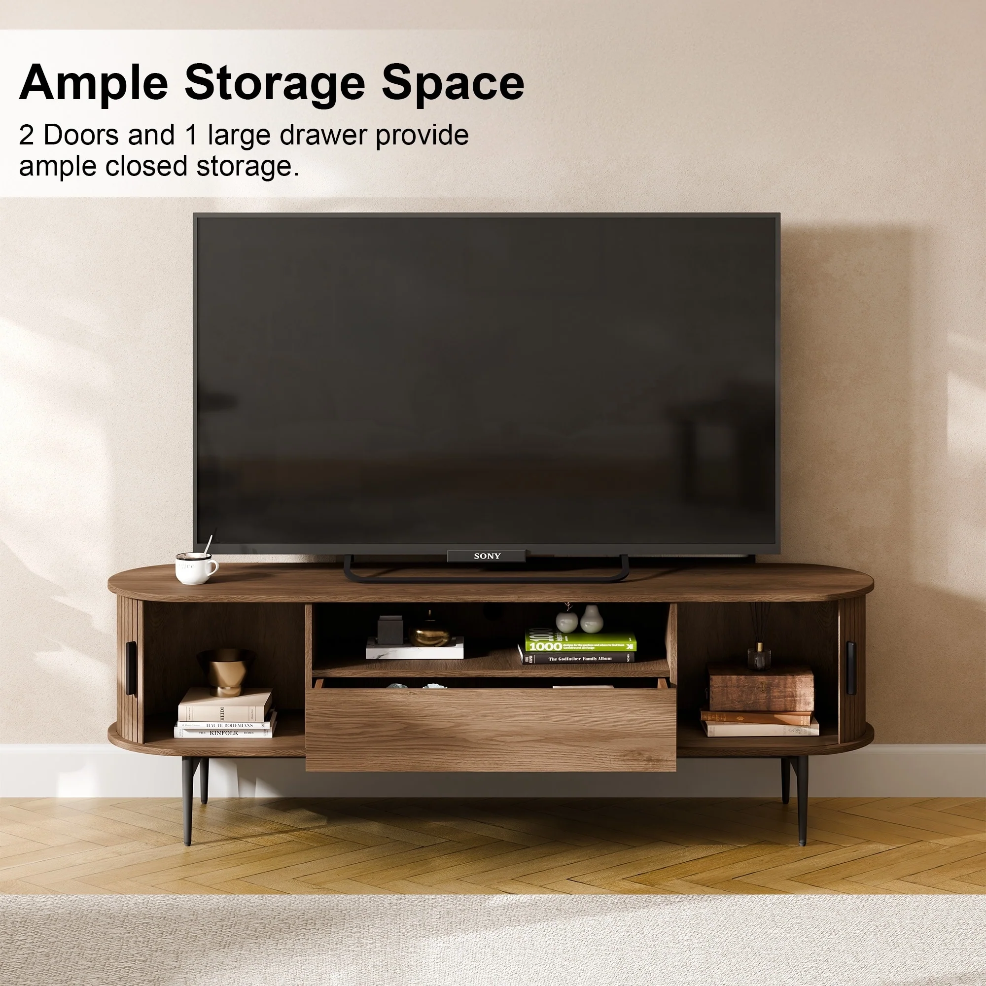 TV Stand with Drawer for TV Up to 75, Mid Century Entertainment Center with Fluted Door Cabinets & Cable Hole