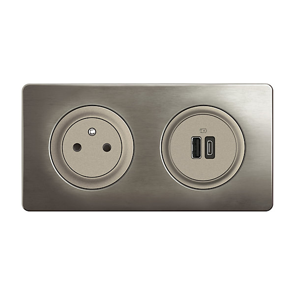 Mécanisme double prises 2 pôles avec terre   1 USB-C   1 USB-A Legrand Céliane titanium