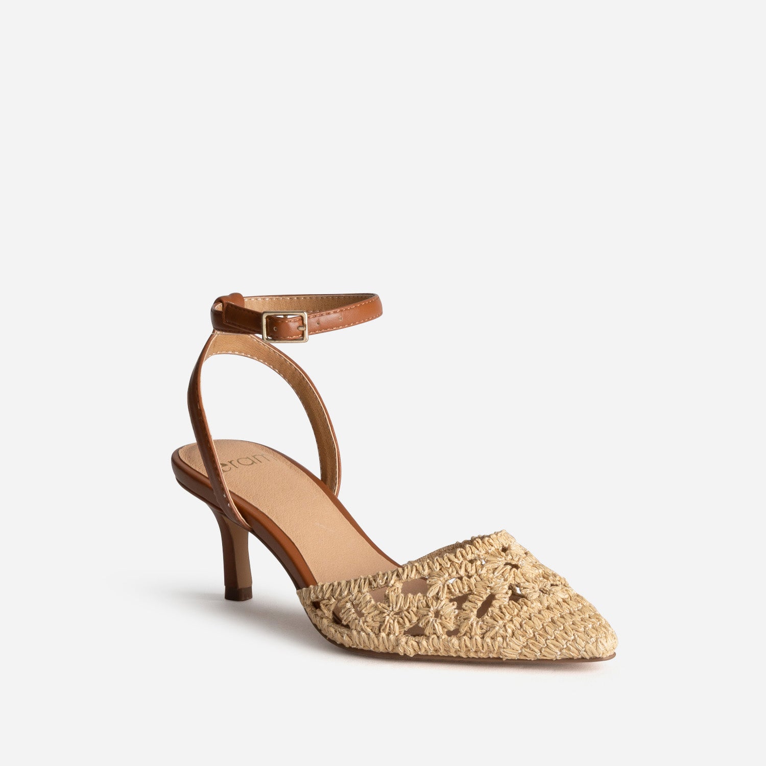Escarpin slingback beige tressé et camel