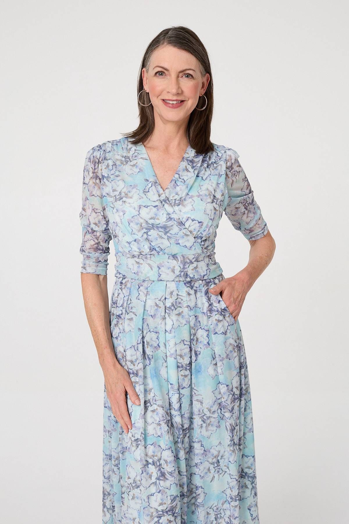 Izabel London Printed Mesh Texture Midi Wrap Dress