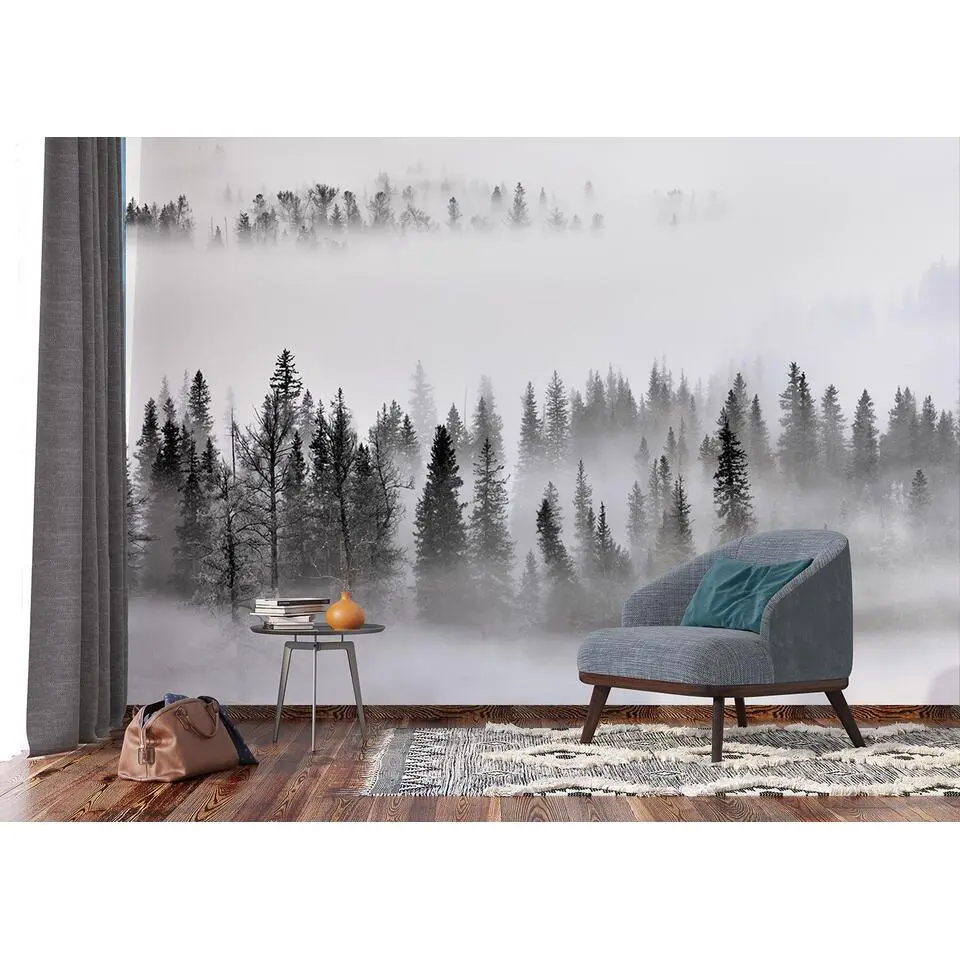 Sanders & Sanders fotobehang berglandschap met bomen zwart, wit en grijs