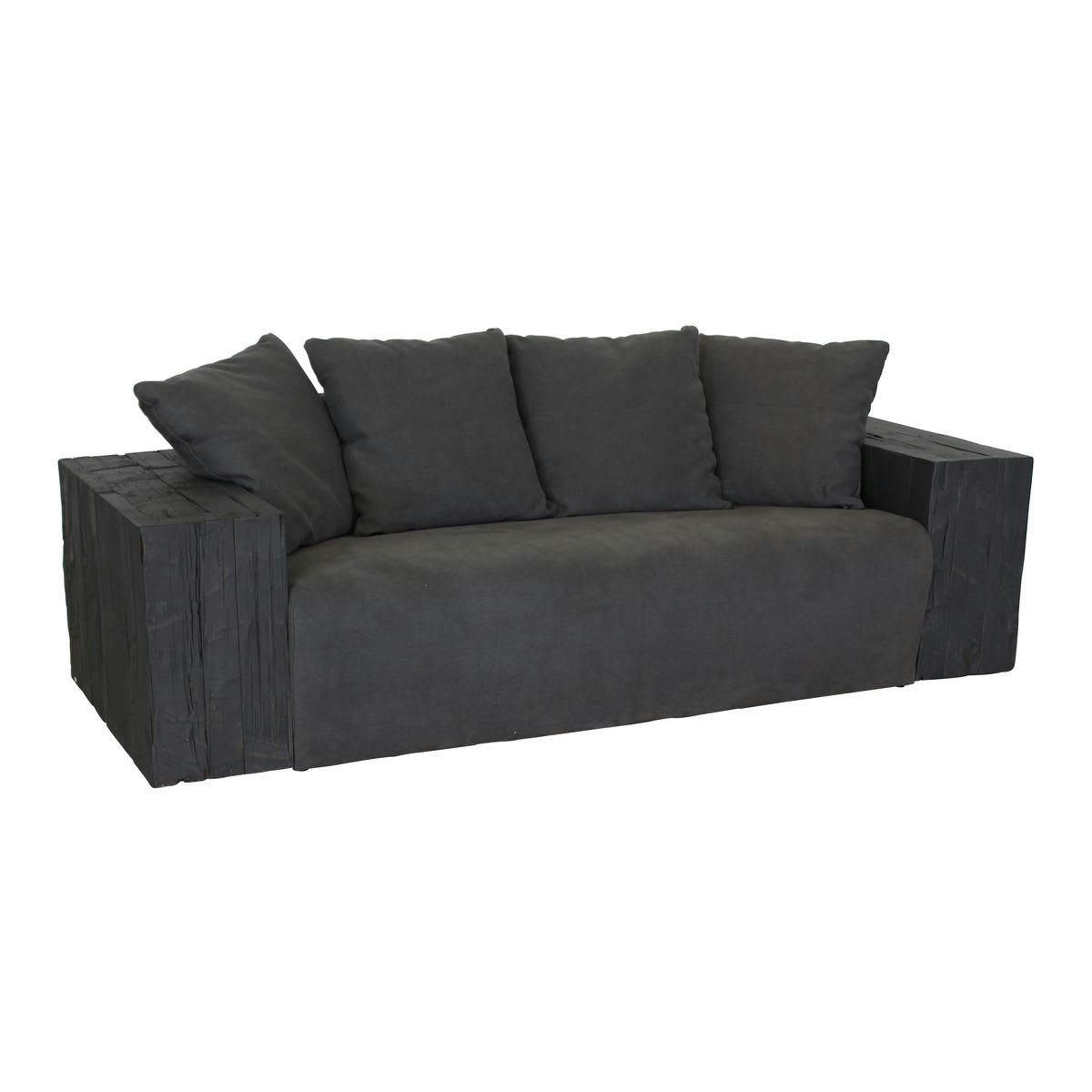 TRIBU - Canapé en tissu gris et bois recyclé noir 3 places