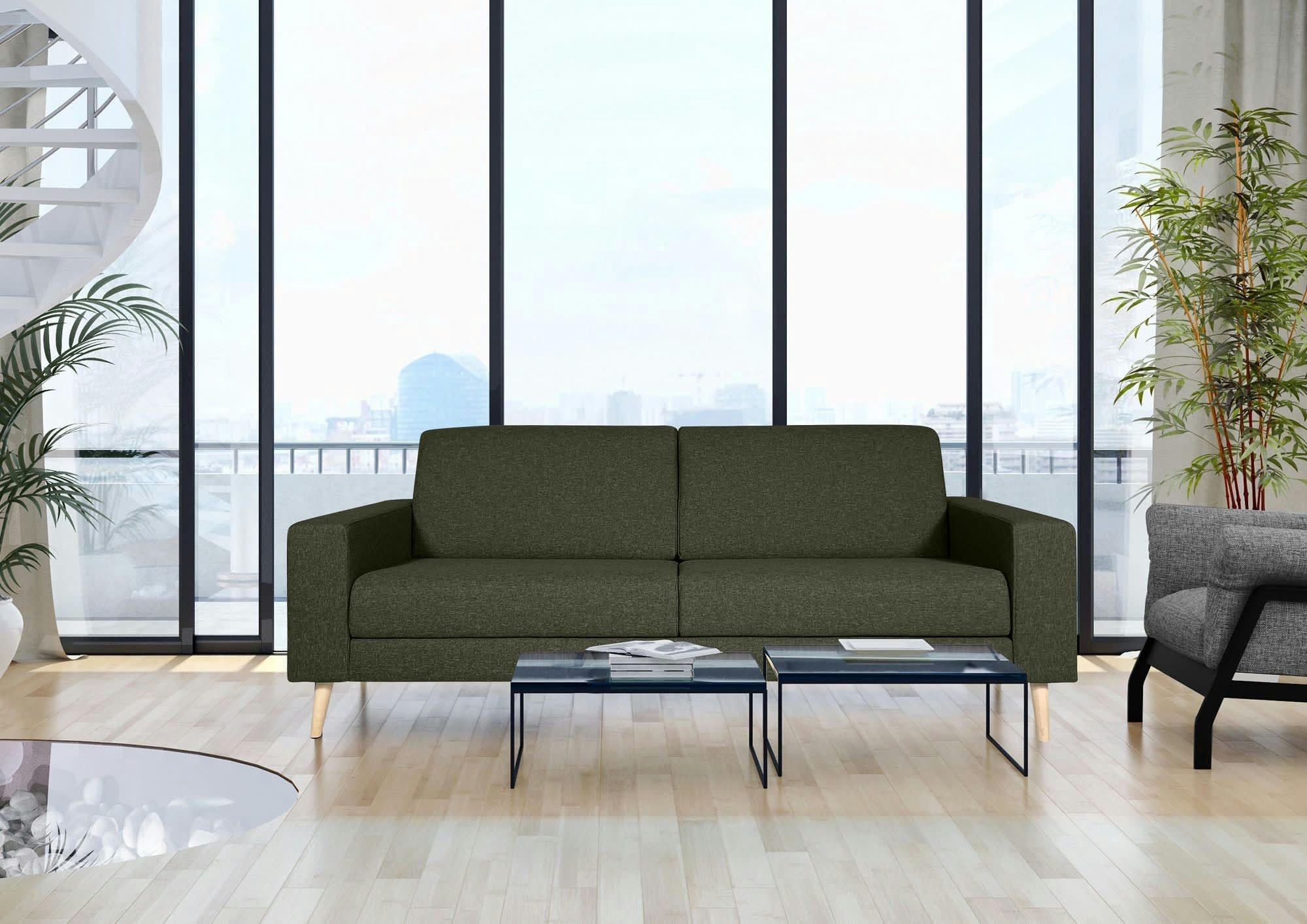 VIGGO - Canapé fixe 3 places  en tissu kaki