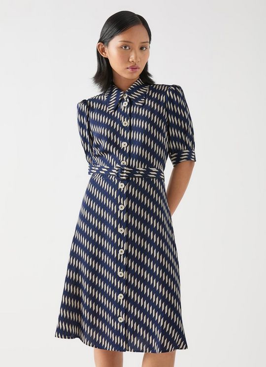 Valerie Petite Spring Navy & Birch Printed Viscose Shirt Dress