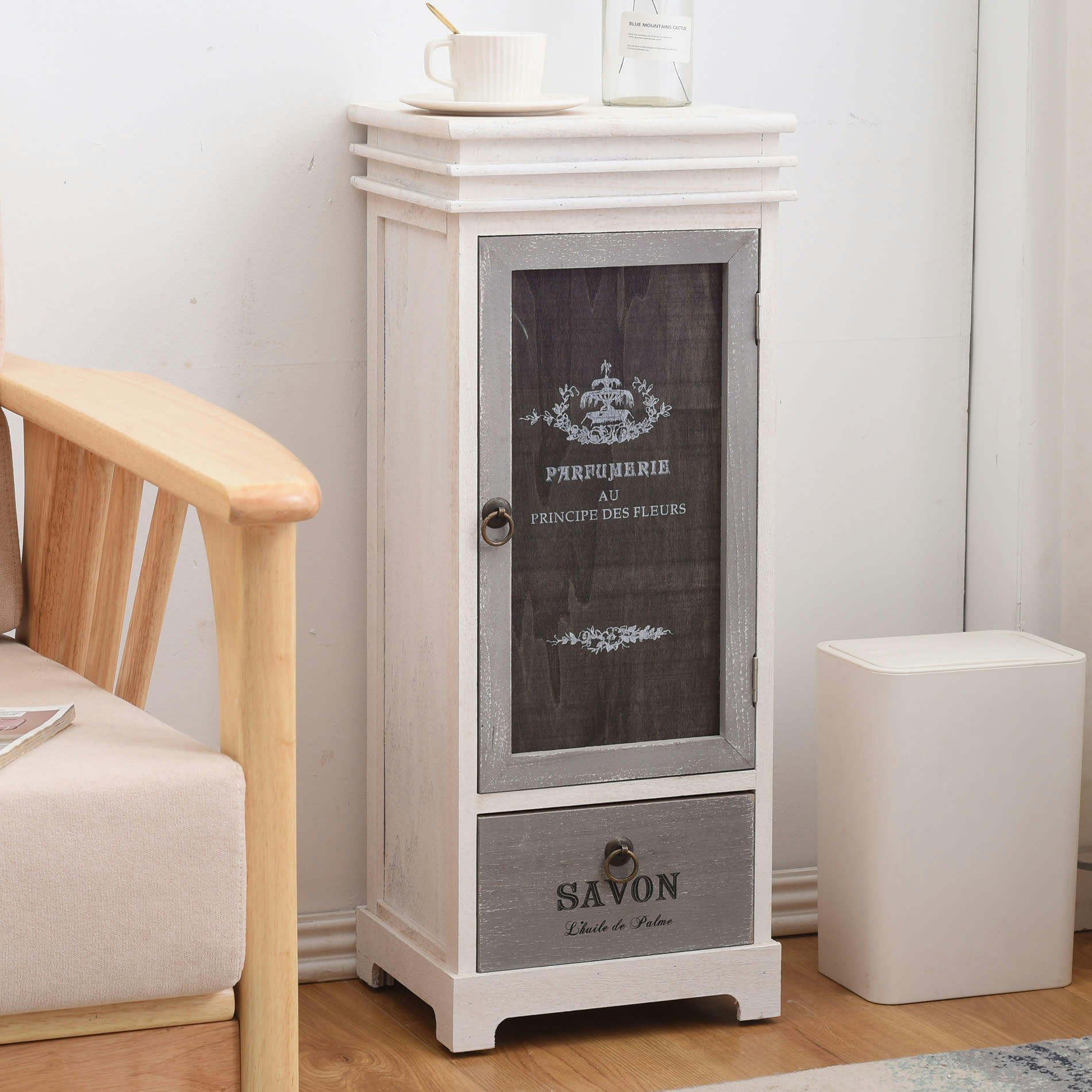 PROVENZA - Commode avec  1 tiroir et 1 porte en bois blanc et gris